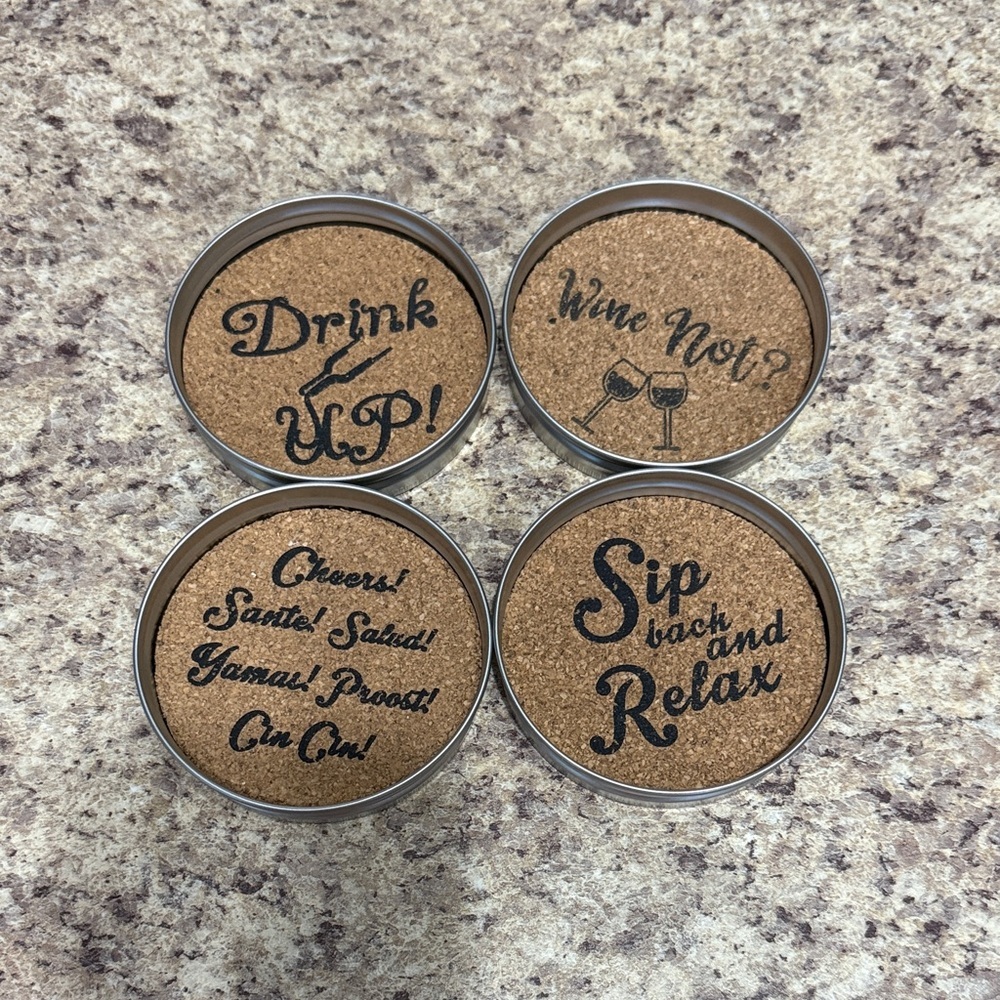Set of 4 Cork Drink Coasters • Metal Rim • Wine & Bar Sayings • Cute Home Decor​